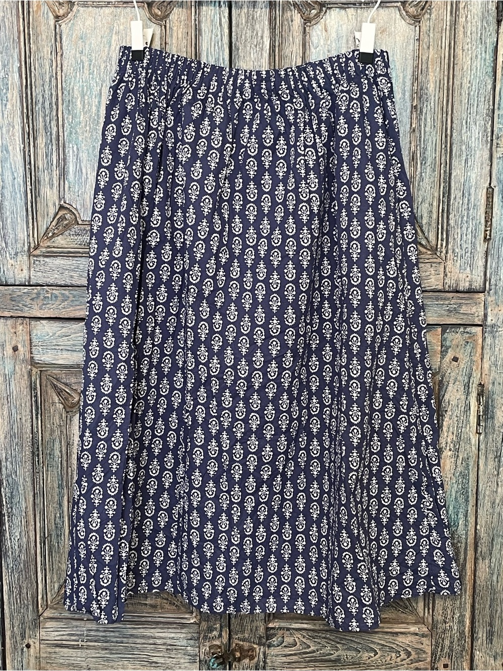 H&M Navy Blue Midi Skirt with White Paisley Motif